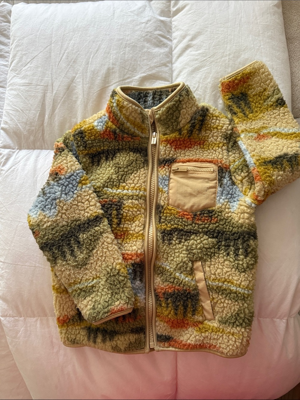 Cozy Sherpa Zip-Up Jacket in Cream, Mustard & Blue